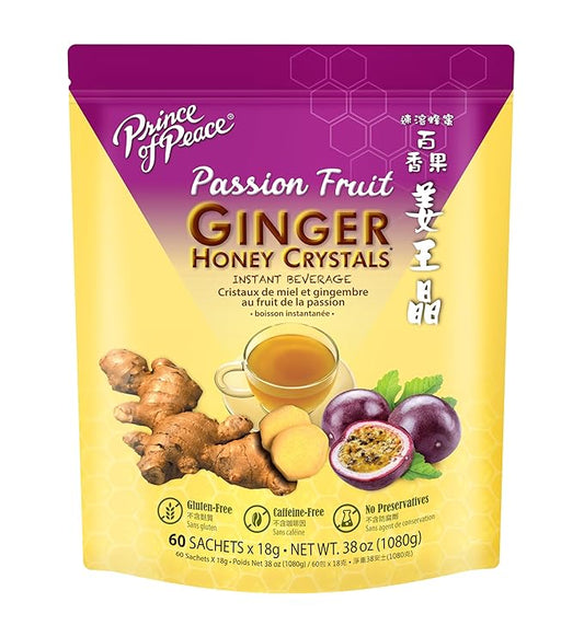 Prince of Peace Instant Ginger Honey Crystal with Passion Fruit 18g x 60 (bag) – Instant Hot or Cold Beverage that Soothes Throat – Easy to Brew