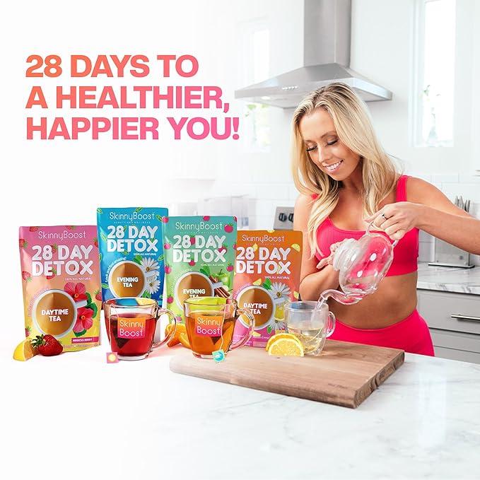 Skinny Boost Detox Tea Kit – 4 PACK - 2 Daytime Teas (56 Bags) 2- Evening Teas (28 Bags) – Herbal Detox for Weight, Metabolism, Energy, Bloating & Colon Cleanse – Green Tea, Vegan, Keto, Non-GMO, Sugar-Free