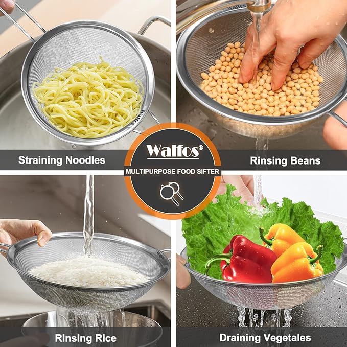 Walfos 7.8 Inch Fine Mesh Strainer, Premium Stainless Steel Colanders and Sifters, with Reinforced Frame and Sturdy Handle, Perfect for Sift, Strain