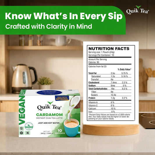 QuikTea Vegan Instant Chai Tea Latte Mix, Cardamom, 10 Sachets