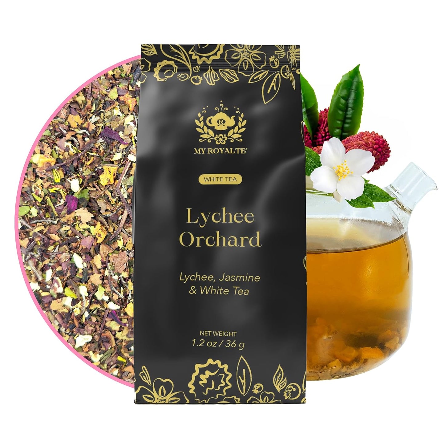 MyRoyalte Exquisite Jasmine Lychee White Tea Blend - 1.3 oz Fragrant White Tea Infused with Sweet Jasmine and Refreshing Lychee Flavors