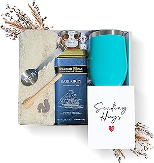Tea Gift Set for Women – Get Well Basket with Cozy Socks, 18 Full Leaf Sachets, Honey, Tumbler & Sending Hugs Card (Earl Grey)