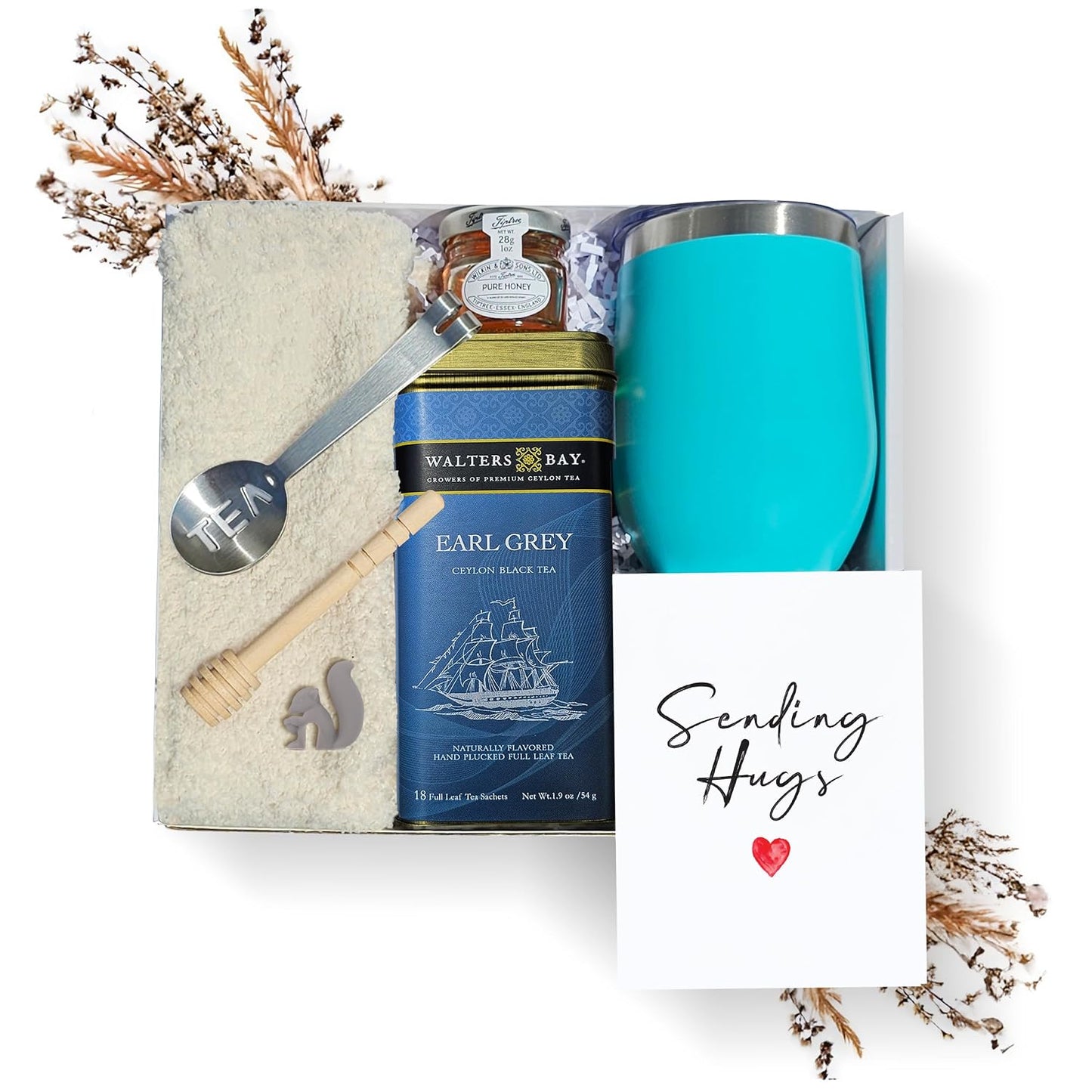 Tea Gift Set for Women – Get Well Basket with Cozy Socks, 18 Full Leaf Sachets, Honey, Tumbler & Sending Hugs Card (Earl Grey)