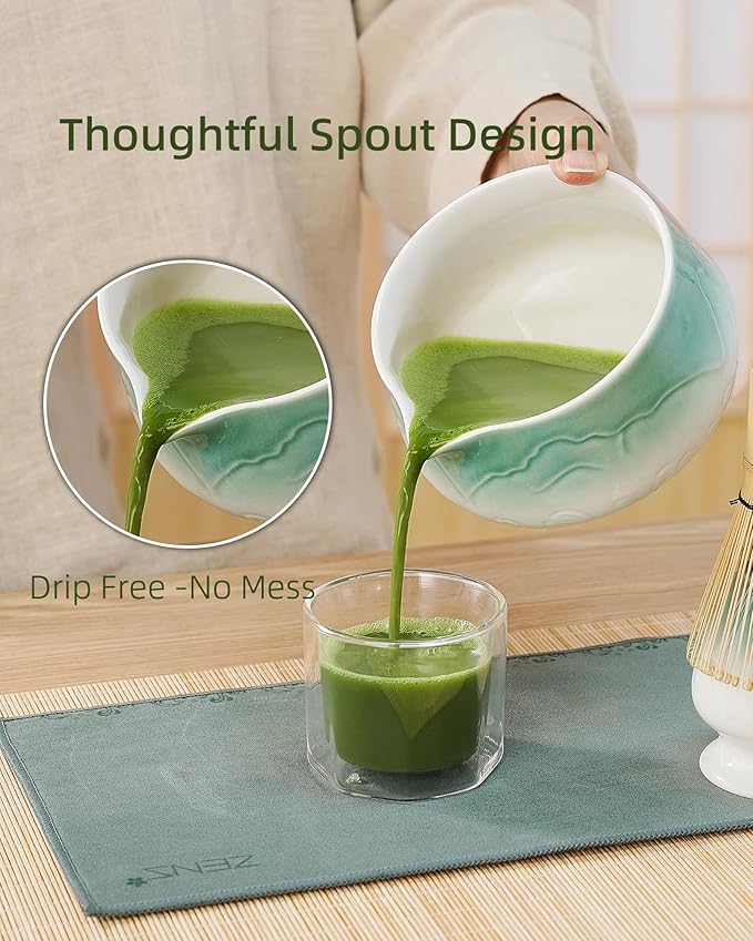 ZENS Matcha Whisk Set, 5pcs Matcha Kit Set Includes Ceramic Bowl, Bamboo Whisk and Chasen Holder, Scoop & Tea Mat for Matcha Ceremony, Blue
