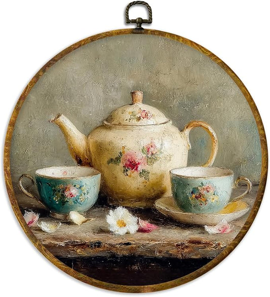 XPH Vintage Kitchen Round Wall Art Framed, Rustic Kitchen Circle Wall Decor, Farmhouse Country Tea Time Floral Teapot Hanging Canvas Prints for Kitchen Home Dining Room Decoration, 10x10 Inch