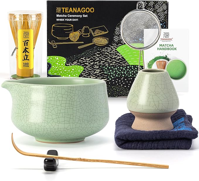 Teanagoo Matcha Whisk Set Green,7 Pcs Matcha Set,Matcha Starter Kit for Ceremony,Matcha Tea Set for Making Breakfast/Latte