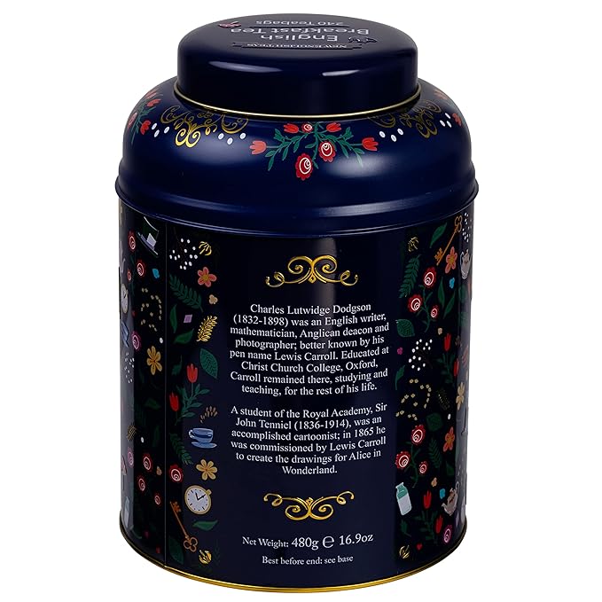 Midnight Alice in Wonderland Tea Caddy with 240 English Breakfast Teabags, Navy