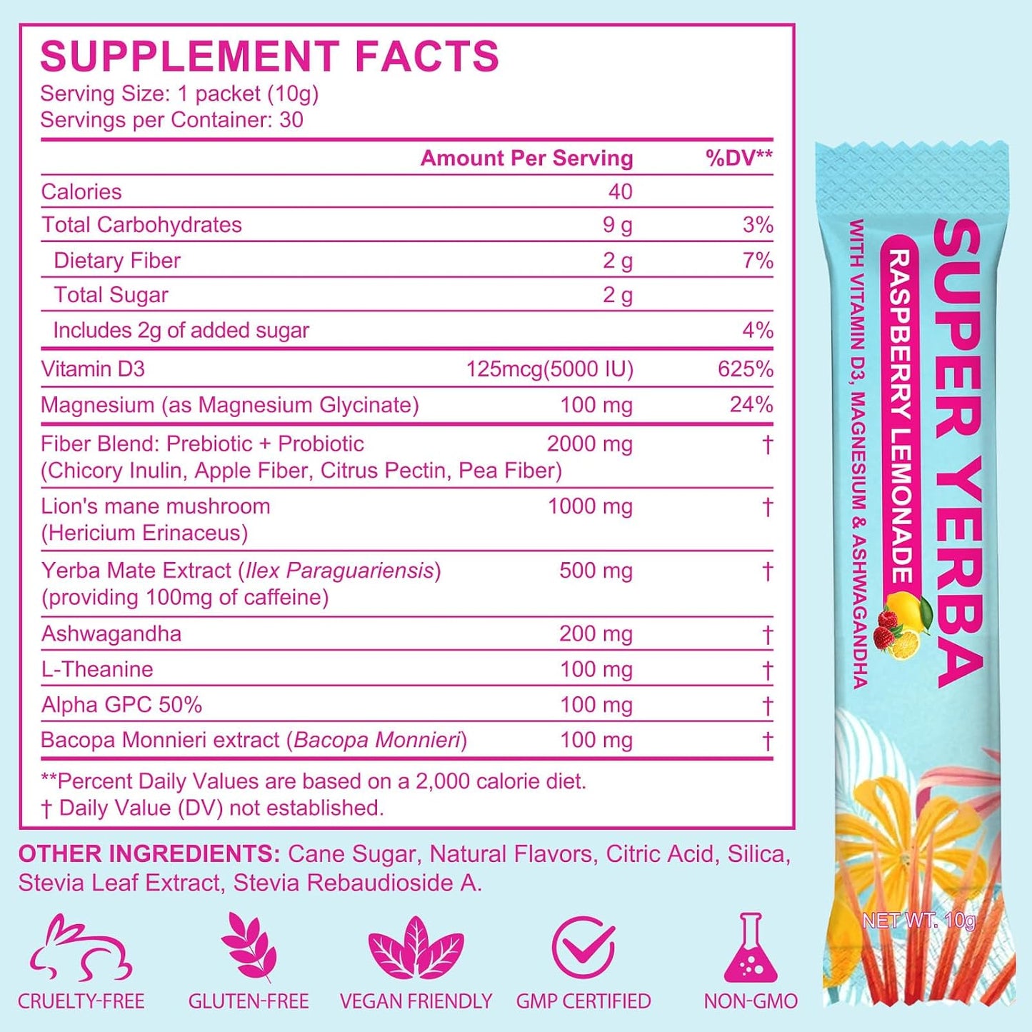 Yerba Mate Instant Tea Powder | Super Yerba Mate Tea for Energy Support &amp; Gut Health - Ashwagandha, Lion’s Mane, L-Theanine, Raspberry Lemonade Flavor, Hot or Cold Drink (10.58 oz, 30 Servings)