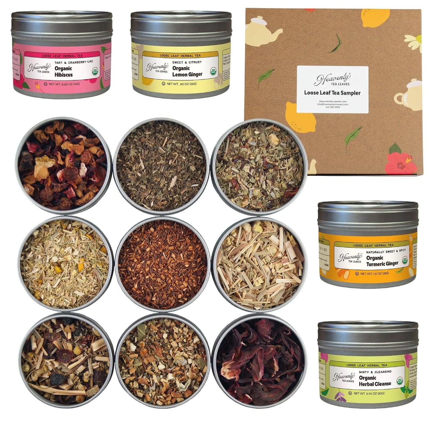 Heavenly Tea Leaves Organic Herbal Loose Leaf Tea Sampler Gift Set (Approx. 90 Cups) - 9 Flavor Variety Pack, Naturally Caffeine Free Tisanes
