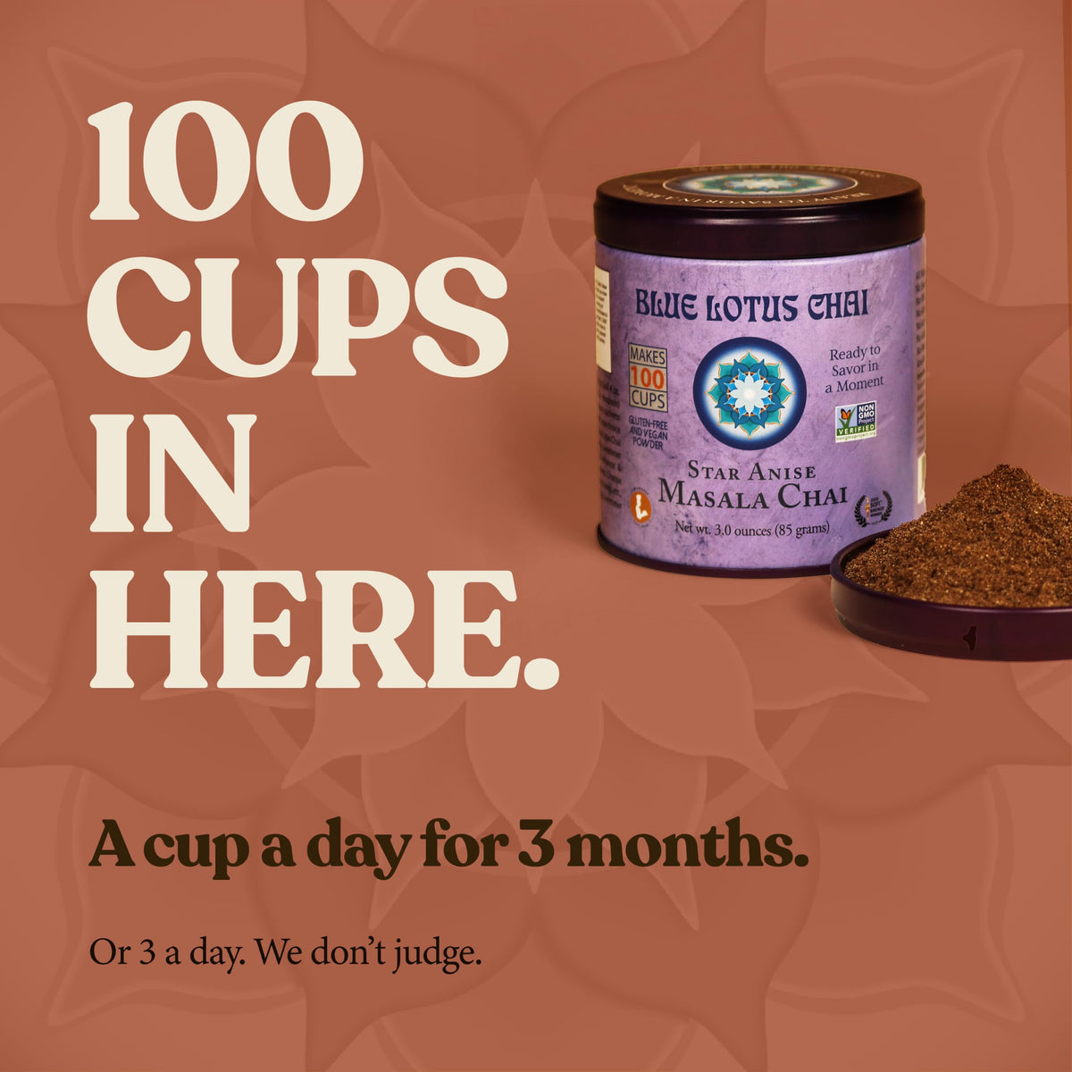 Blue Lotus Chai - Star Anise Masala Chai - Makes 100 Cups - 3 Ounce Masala Spiced Chai Powder with Organic Spices - Instant