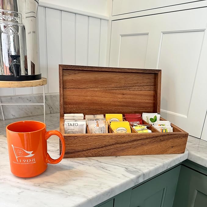 Ironwood Gourmet Acacia Wood Tea Box, XL Rectangular Tea Chest, 10 Compartment