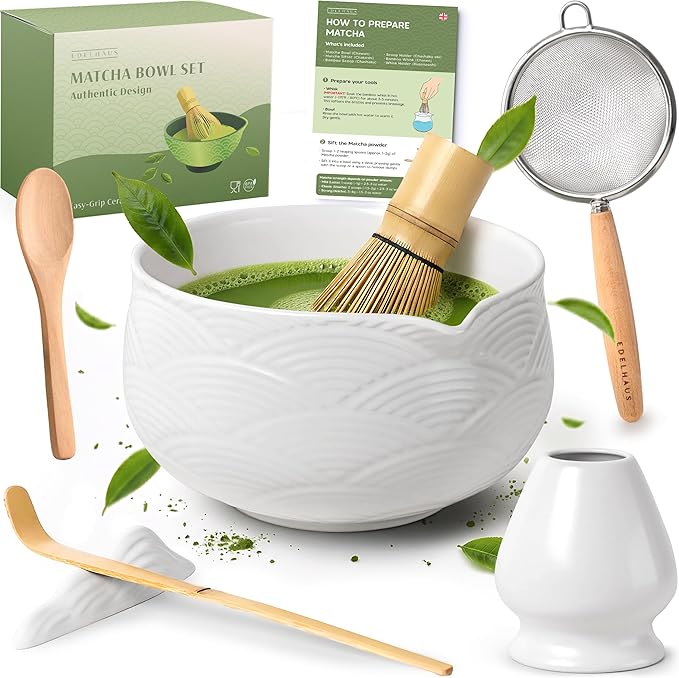 Matcha Kit Whisk Set (7 Pcs) - Complete Matcha Set, Matcha Bowl with with Bowl, Whisk and Holder, Bamboo Spoon/Scoop, Scoop Rester and Sifter incl