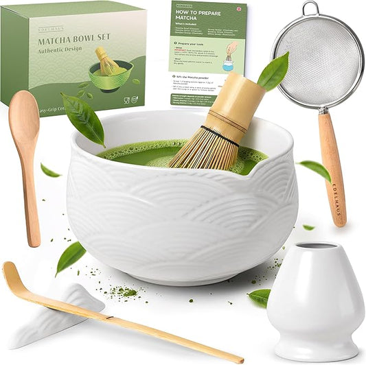 Matcha Kit Whisk Set (7 Pcs) - Complete Matcha Set, Matcha Bowl with with Bowl, Whisk and Holder, Bamboo Spoon/Scoop, Scoop Rester and Sifter incl