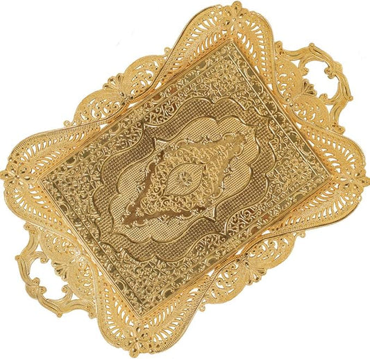 Gold Turkish Coffee Tea Serving Tray Table Home Decor Decorative Handle - Gold Vintage Brass Fancy Rectangle Style Traditional Rustic Bar Outdoor Wedding Arabic Farmhouse Wedding Decor Tray