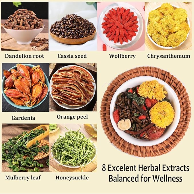 Dandelion Wolfberry Organic Kidney & Liver Health Tea, 8 Herbal Ingredients Blend, Natural Chinese Chrysanthemum Cassia Seed Tea Bags (2 Bags 24 Pcs)