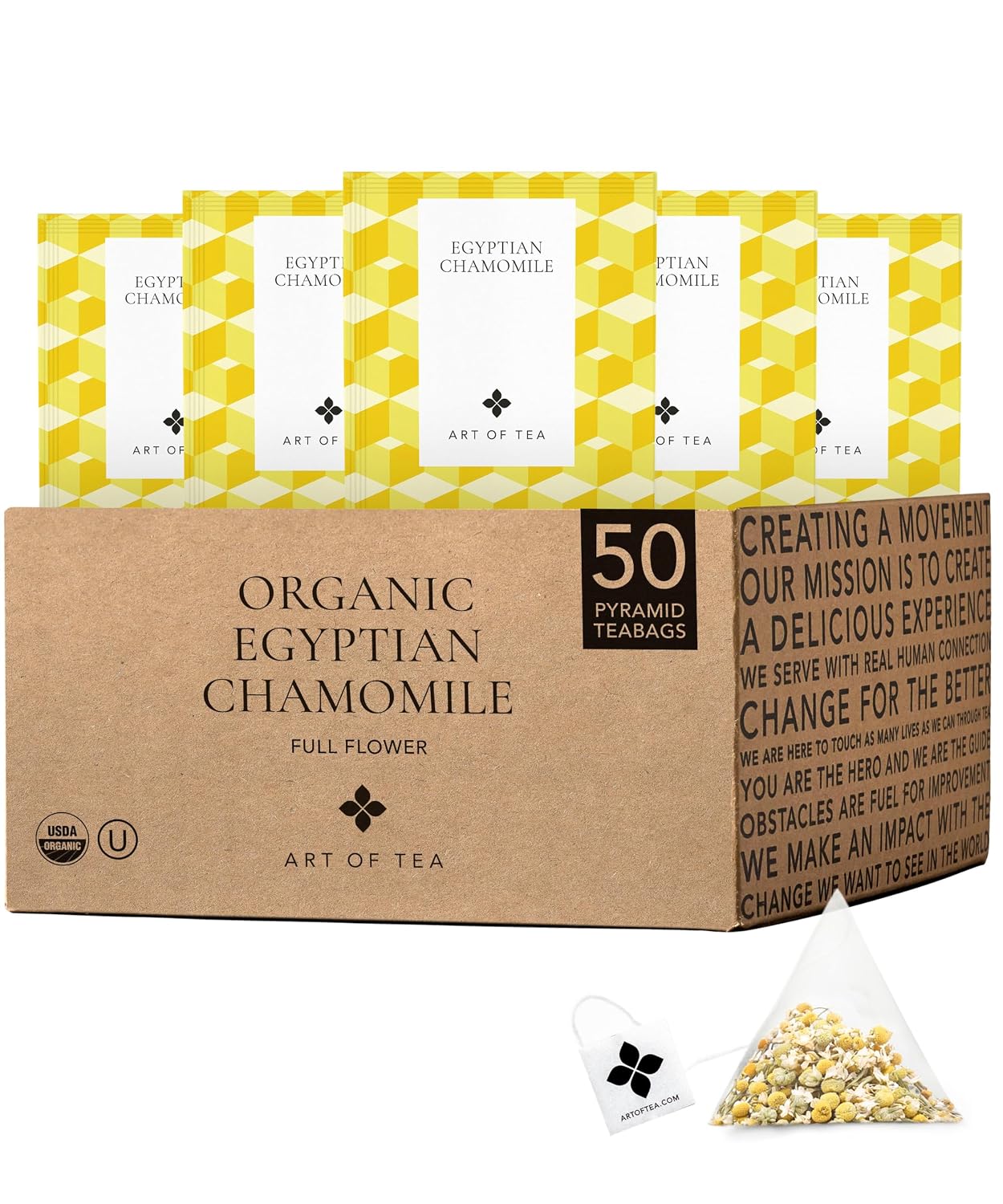 Art of Tea Organic Egyptian Chamomile Tea Bags 50 Count, Premium Whole Leaf Herbal Tea, Naturally Caffeine Free Tea, Pyramid Sachets, Organic Chamomile Tea for Bedtime