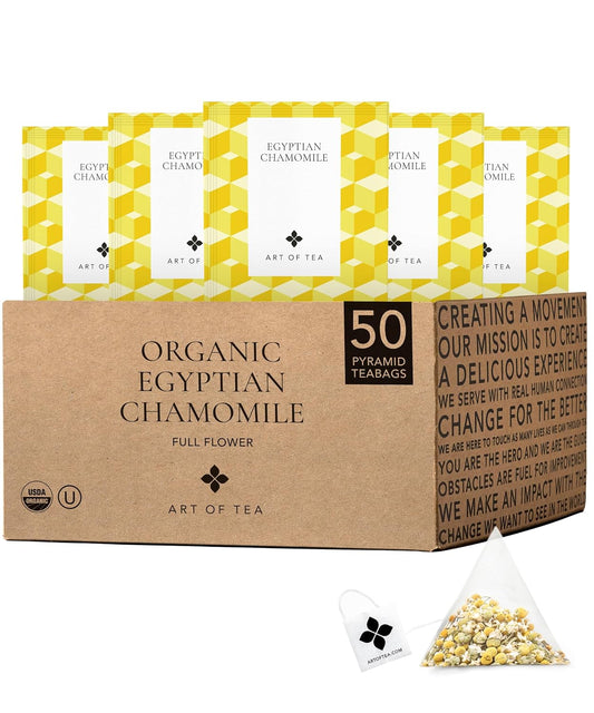 Art of Tea Organic Egyptian Chamomile Tea Bags 50 Count, Premium Whole Leaf Herbal Tea, Naturally Caffeine Free Tea, Pyramid Sachets, Organic Chamomile Tea for Bedtime