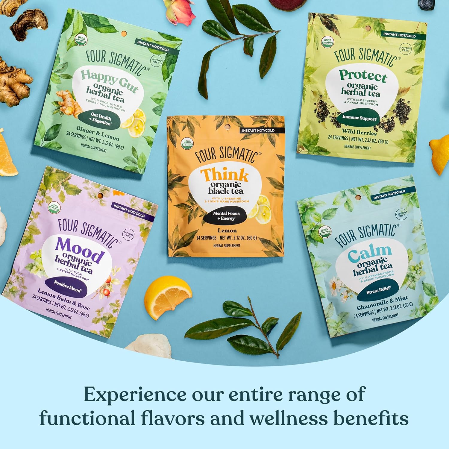 Four Sigmatic Calm Organic Herbal Tea | Stress Relief Tea with Ashwagandha & Reishi | Instant Adaptogenic Drink for Relaxation | Vegan, Gluten-Free | Chamomile & Mint, 24 Servings