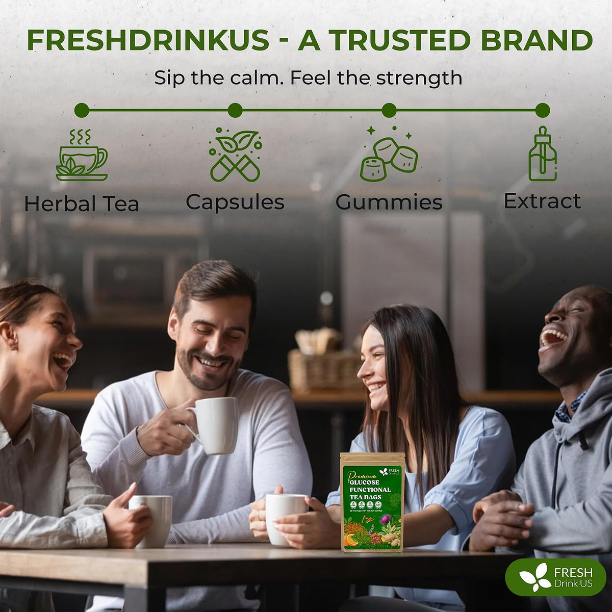 FreshDrinkUS, Premium 75 Tea Bags Glucose Functional Tea – Herbal Blend with Gymnema, Cinnamon, Bitter Melon, Tulsi &amp; More –– Caffeine-Free. Sugar-Free. Gluten-Free. Vegan