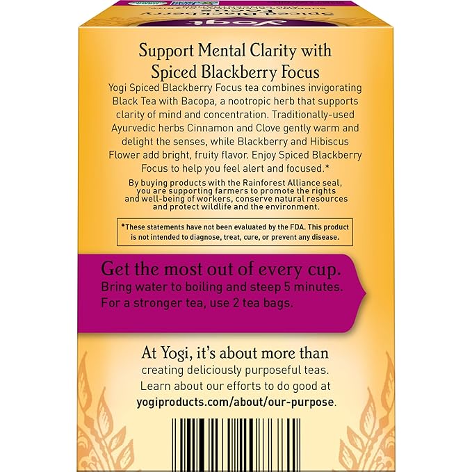 Yogi Spiced Blackberry Focus Tea, Vegan Friendly, Kosher, USDA Certified Organic, Non-GMO, 16 Tea Bags (Pack of 6)