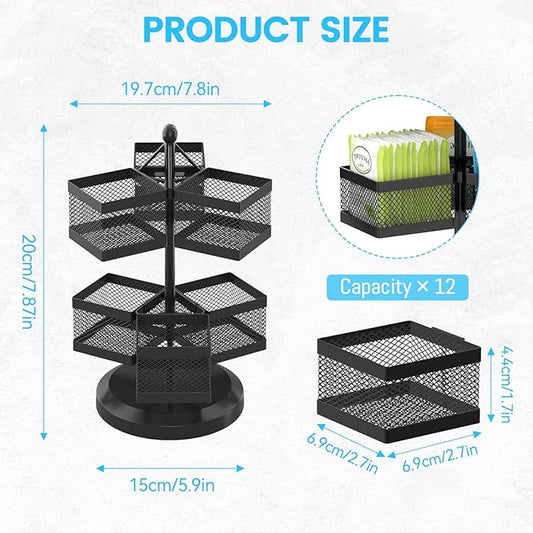 iDavosic.ly 2 Tier Tea Bag Organizer, Packet Storage Holder Spinning Carousel With 6 Compartments, Rotating Metal Caddy for Kitchen Counter Cabinet, Up to 72 Teabags Storage, Black