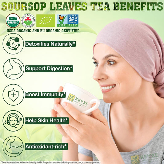 KEYXE - USDA Organic Soursop Graviola Leaves Tea 50 Bags. Non-GMO Verified , 100% Organic Soursop Leaves for Digestion, Boosting Immune, Improving Sleep &amp; Skin Health, Gluten Free, Caffein Free , Hojas De Guanabana Tea Organica, Eco-Conscious Tea Bags