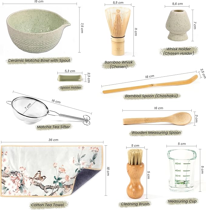 10 Pcs Matcha Whisk Set - 15 OZ Matcha Bowl with Spout and Whisk Holder & Measuring Cup - Bamboo Matcha Scoop and Spoon - Stainless Steel Sifter - Cleaning Brush - Matcha Kit for Japanese Tea Ceremony