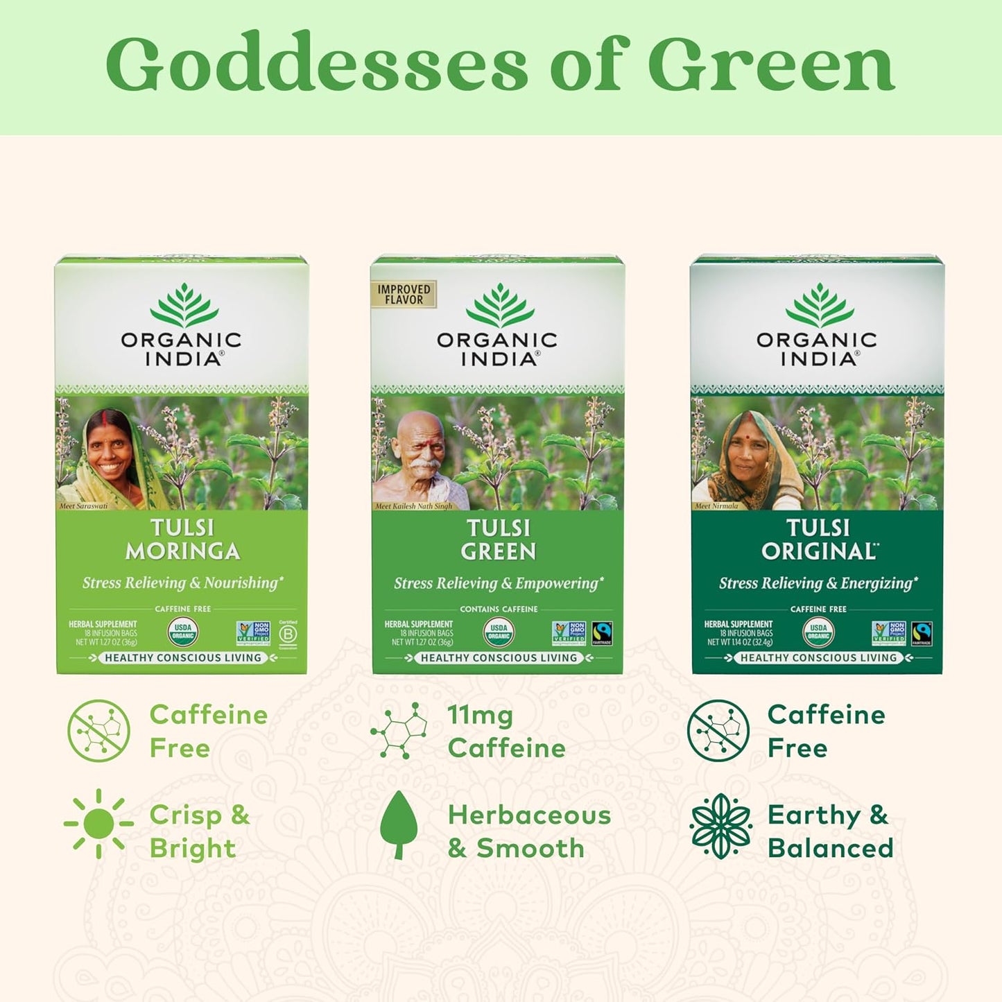ORGANIC INDIA Tulsi Green Tea Bags, African Basil, 18 Infusion Bags, 3 Pack