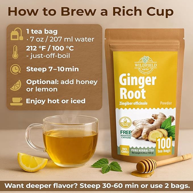 100 Bags Ginger Tea Ginger Root Tea Dry Dried Herb (Zingiber Officinale) - 100 Count 1.5g Bags Raíz De Jengibre