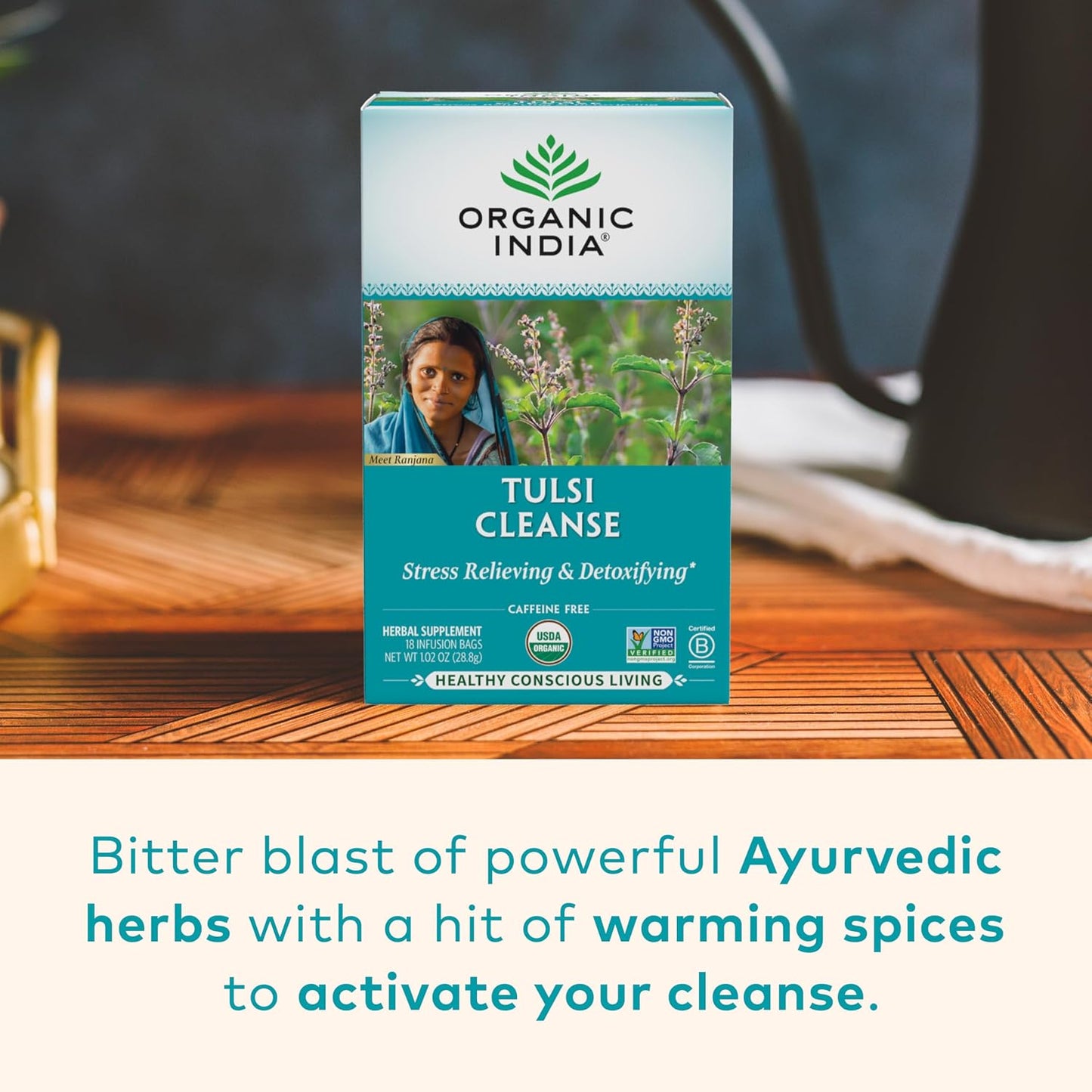 Organic India Tulsi Cleanse Detox Tea - Holy Basil, Ginger, Turmeric, Herbal Tea, Stress Relieving &amp; Cleansing, Immune Support, Adaptogen, Organic, Non-GMO, Caffeine-Free - 18 Infusion Bags, 6 Pack