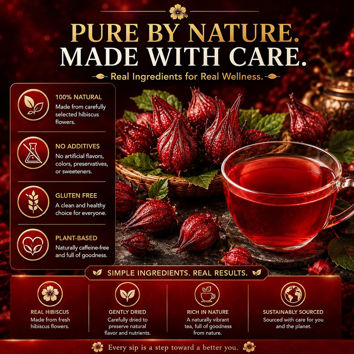 WOTIHA Premium 80 Hibiscus Flower Tea Bags (Flor de Jamaica) - 100% Natural, Tart &amp; Refreshing, Hot or Ice Tea - Rich in Antioxidants, Sugar-Free Caffeine-Free Non-GMO Vegan Gluten-Free.