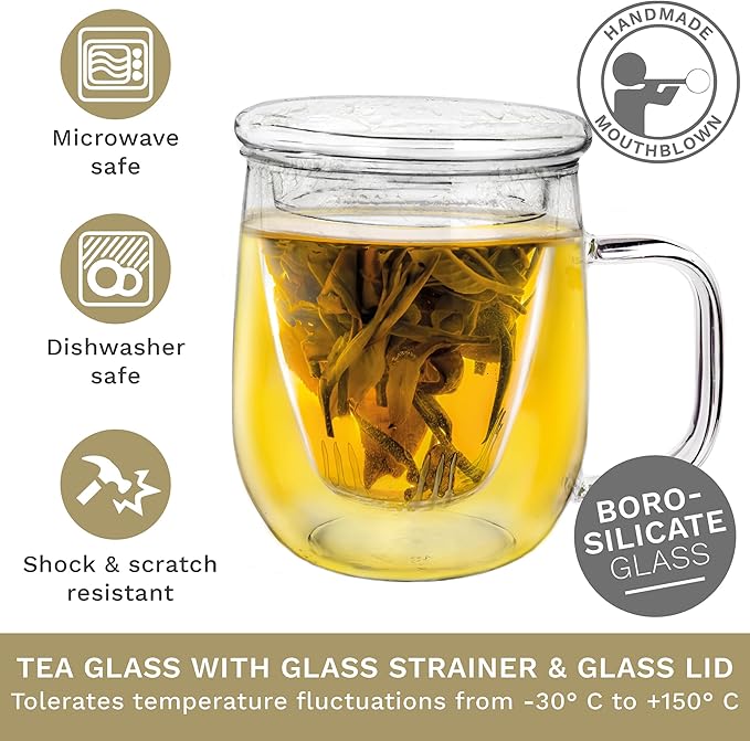 Creano Tea Glass 450 ml – Large Tea Cup with Strainer and Glass Lid – An ideal Tea Maker