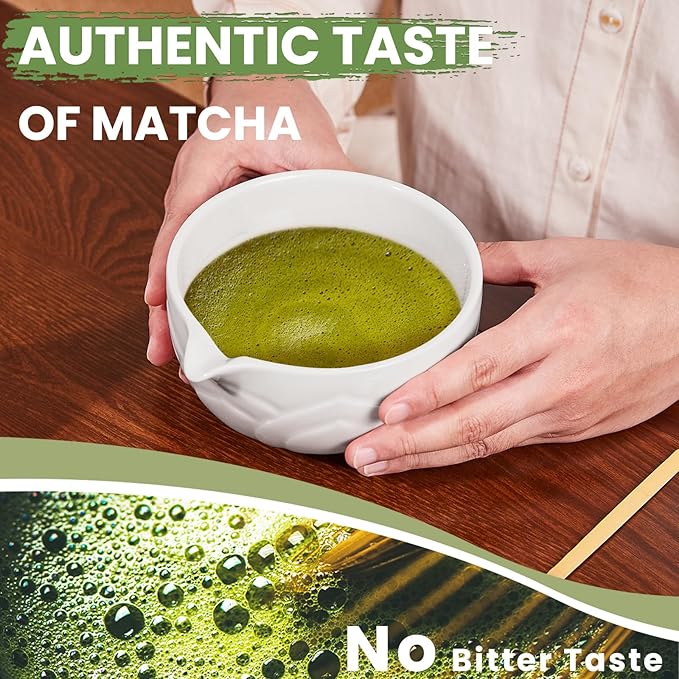 Matcha Whisk Set, Lotus White Ceramic Matcha Set Includes Matcha Bowl, Matcha Whisk (Chasen) and Holder, Sifter, Bamboo Scoop & Spoon