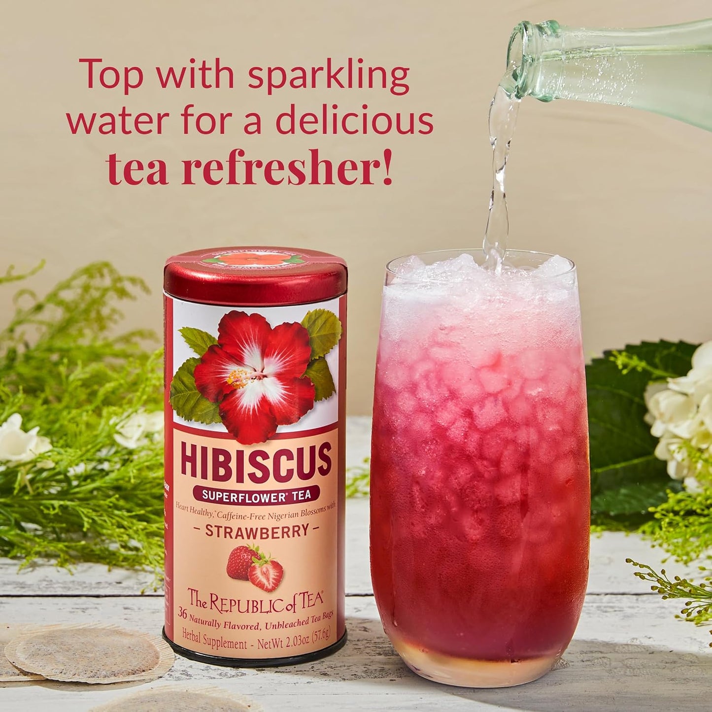 The Republic of Tea SuperFlower Hibiscus Strawberry Herbal Tea, 36 Count | Caffeine Free. Suitable for day or evening sipping. Bright and tart with notes of soft vanilla. Gluten Free and Carb Free.