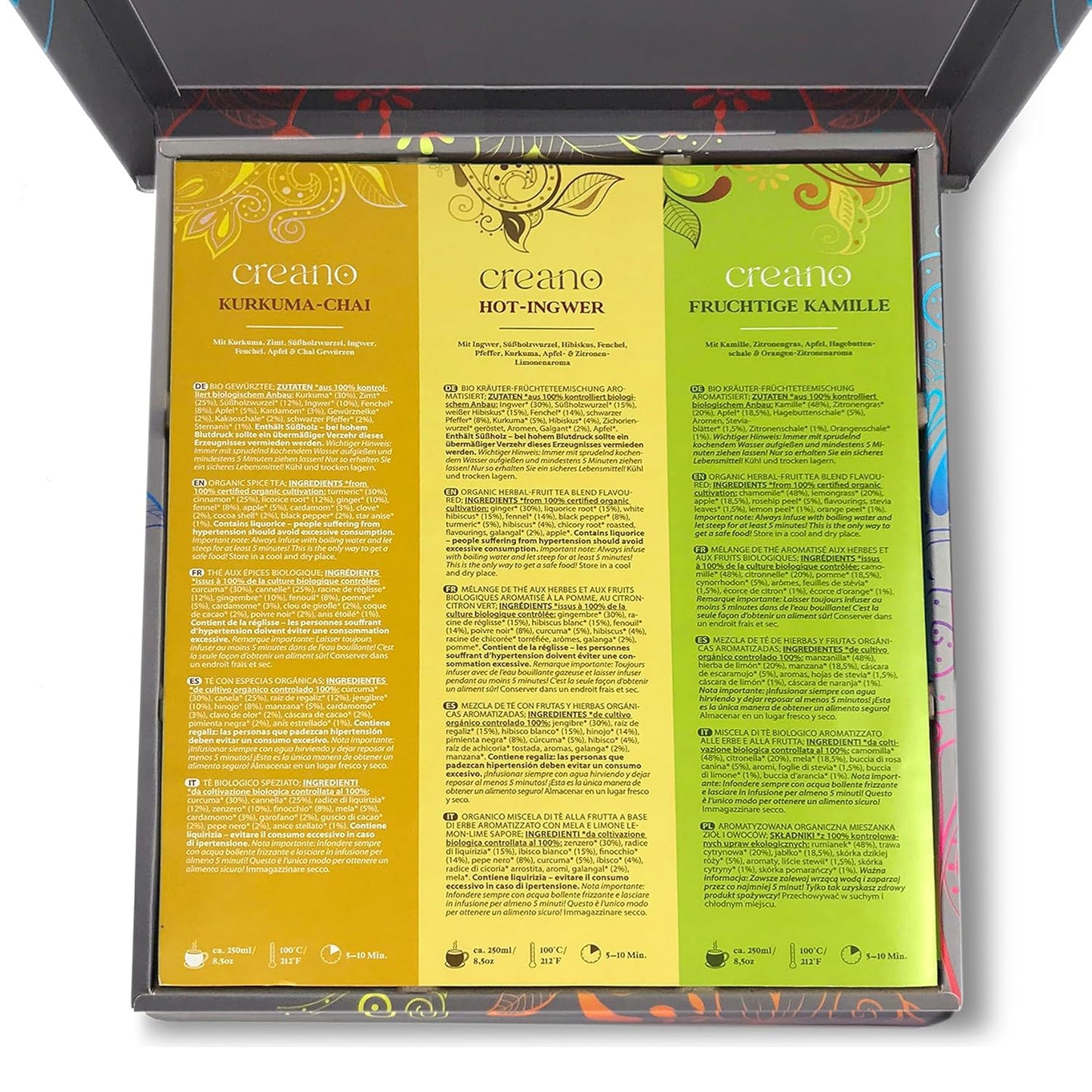 Creano Organic Herbal Tea Gift Set Grey - 45 Organic Tea Bags in 9 Different Varieties - 90 g