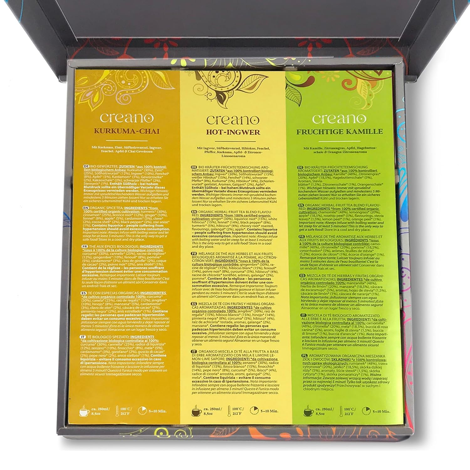 Creano Organic Herbal Tea Gift Set Grey - 45 Organic Tea Bags in 9 Different Varieties - 90 g