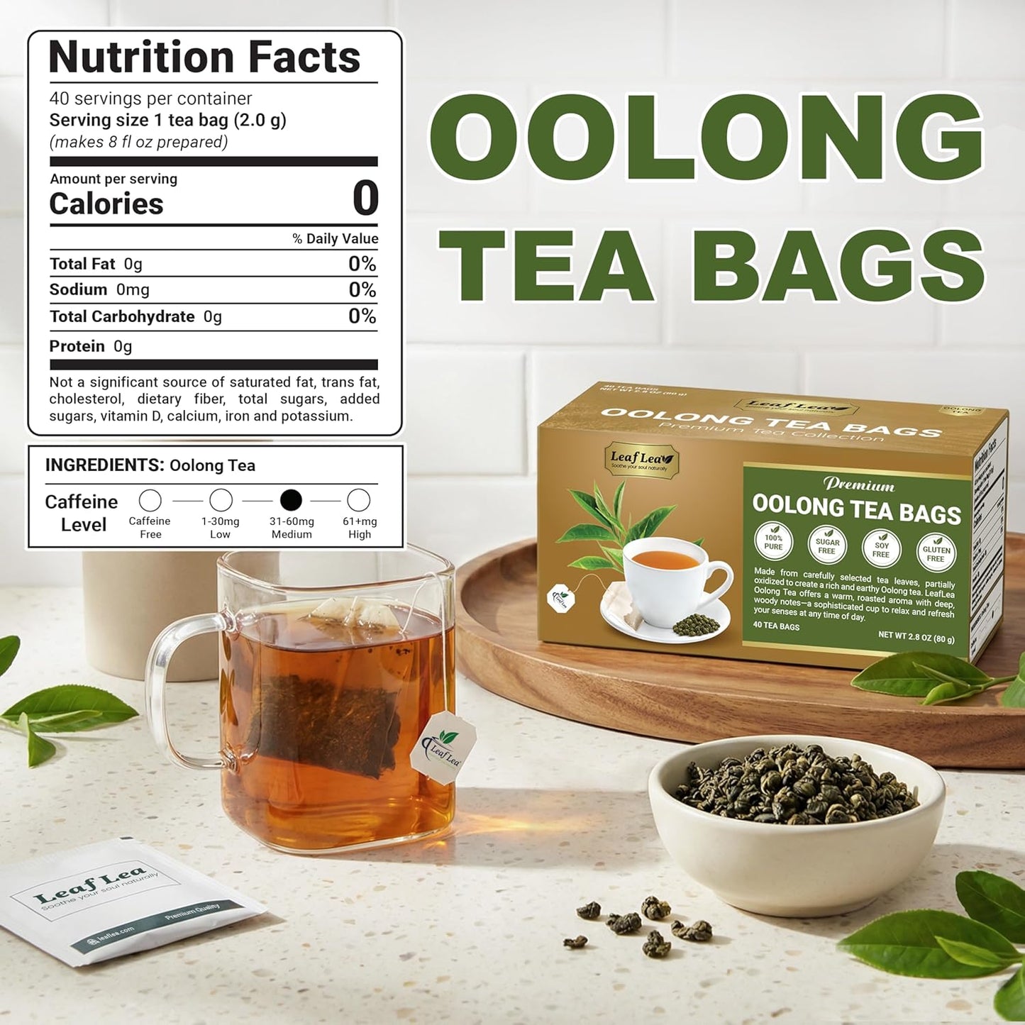 LeafLea 40 Oolong Tea Bags, 100% Oolong Tea Leaves, Smooth Warm Aroma with Light Toasted Notes, Te Oolong for Daily Wellness Focus, Natural Caffeine, Sugar-Free, Individually Wrapped Freshness