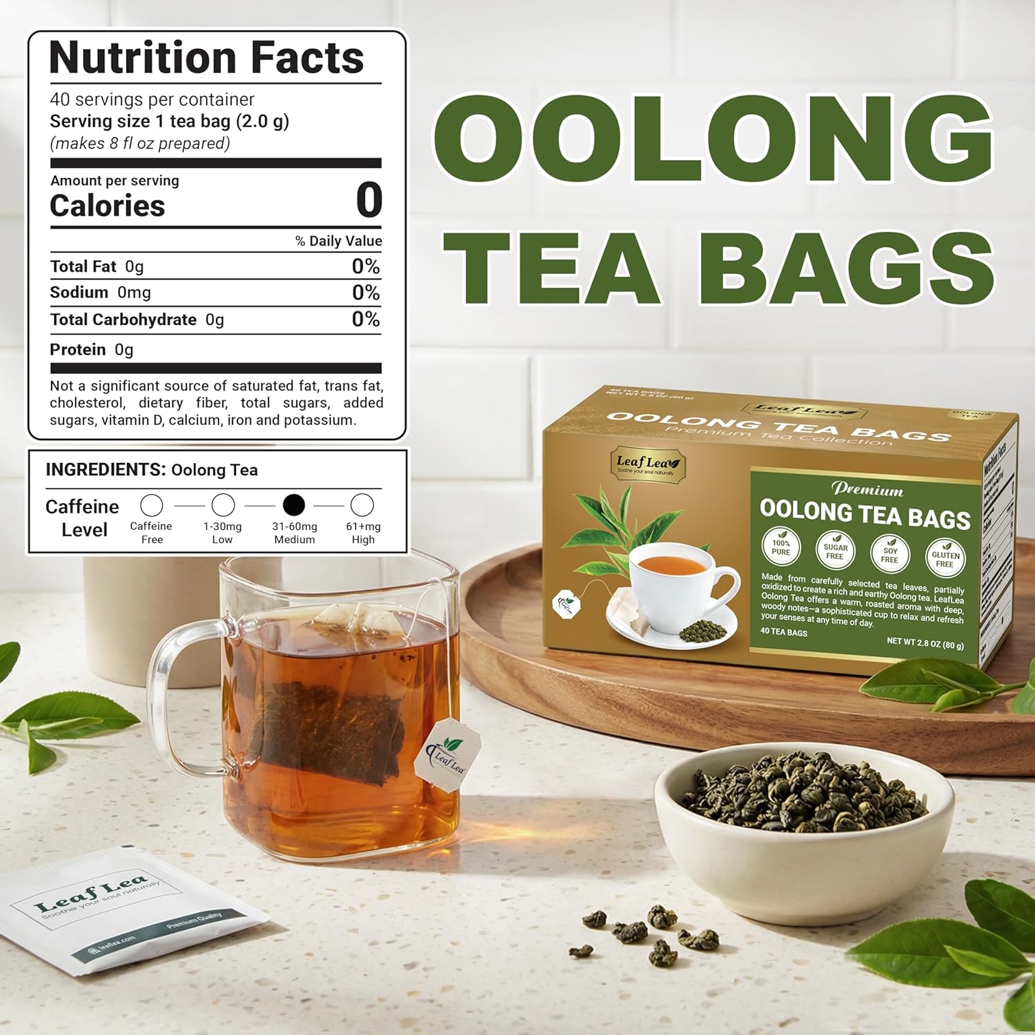 LeafLea 40 Oolong Tea Bags, 100% Oolong Tea Leaves, Smooth Warm Aroma with Light Toasted Notes, Te Oolong for Daily Wellness Focus, Natural Caffeine, Sugar-Free, Individually Wrapped Freshness