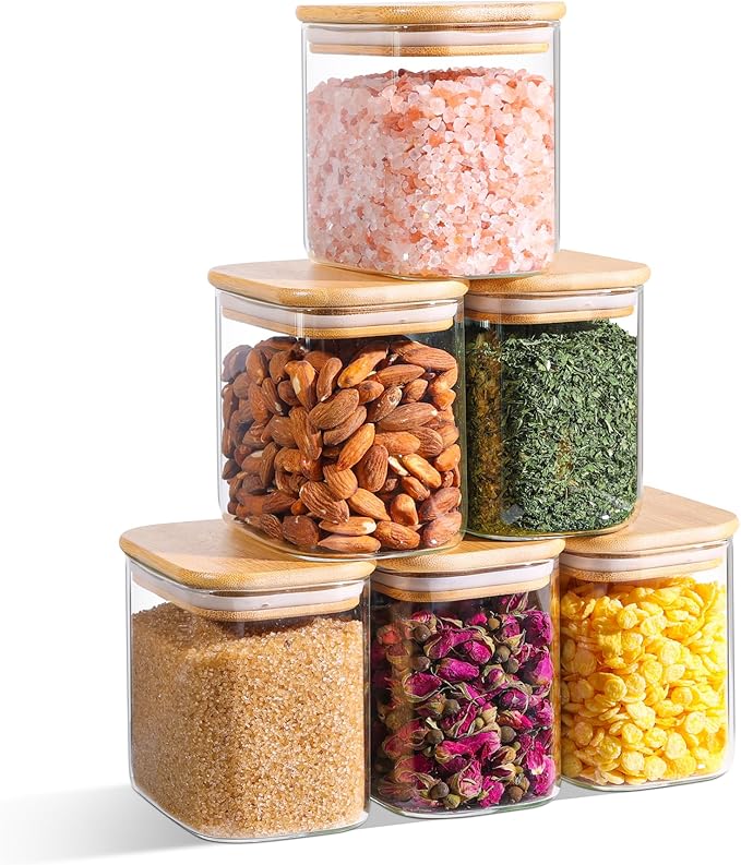 ComSaf 0.7 Qt Rectangle Glass Storage Containers with Lids, Glass Jars with Bamboo Lids, Clear Food 
