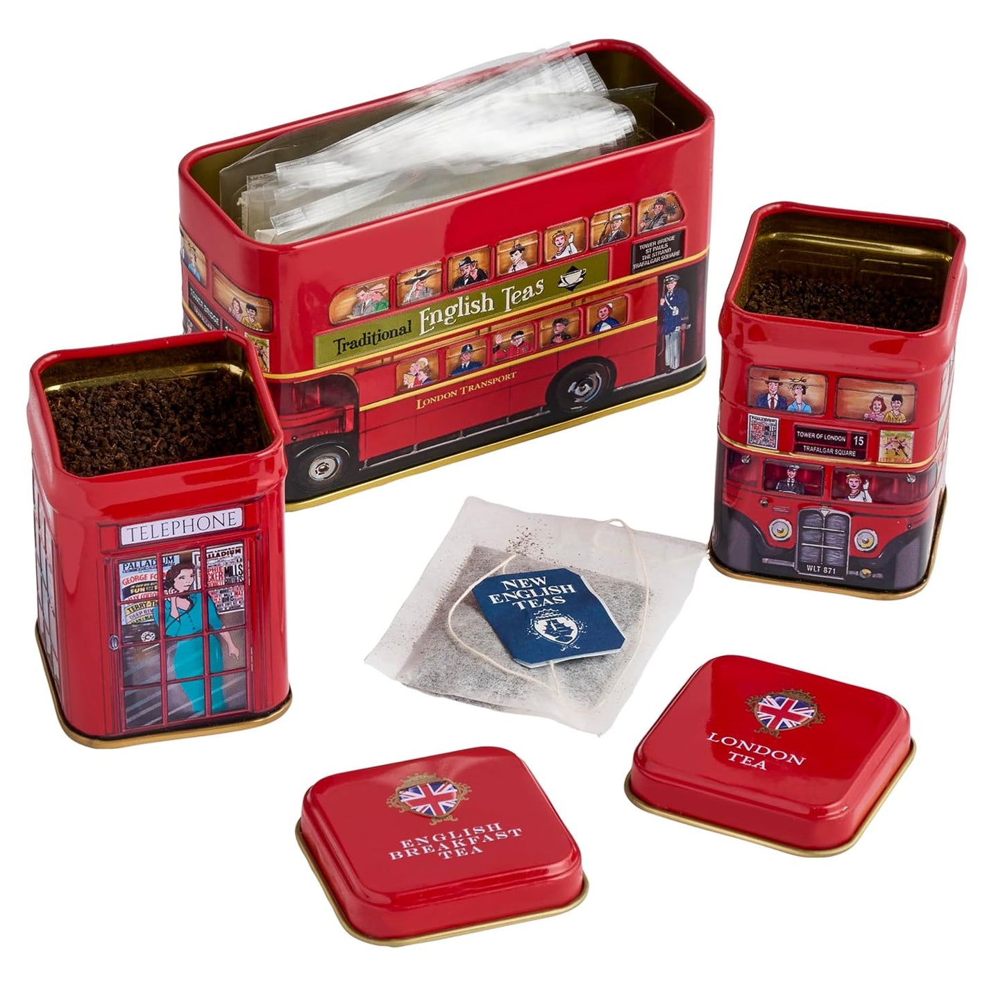 New English Teas British Tea Tin Set with 2 oz Loose Leaf Tea &amp; 10 Tea Bags | London Souvenir Gift, Post Box, Red Bus, Telephone Box – English Breakfast Tea, Black Tea