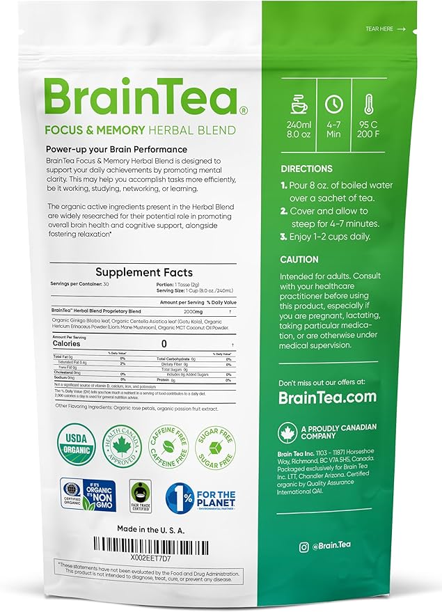 Brain Tea Focus & Memory - Brain Tea Organic Certified 4-in-1 Nootropic Herbal Supplement with Ginkgo Biloba, Gotu Kola, Lion’s Mane Mushroom, MCT Caffeine-Free for Mental Clarity (30 Sachets)