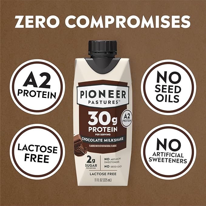 Pioneer Pastures - High Protein A2 Milkshakes - Chocolate - A2 Nutritional Milk, 30g Protein, 2g Sugar, No Artificial Sweeteners, No Seed Oils