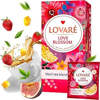 Individually Wrapped Tea Bags By Lovare Made in Ukraine - Black and Green, Floral, Passion Fruit, Huchlebbery Herbal Set with Flowers - Gift Box For Blooming Tea Lovers Men & Women - 48 g (24 tea bags x 2 g each) (Love Blossom)
