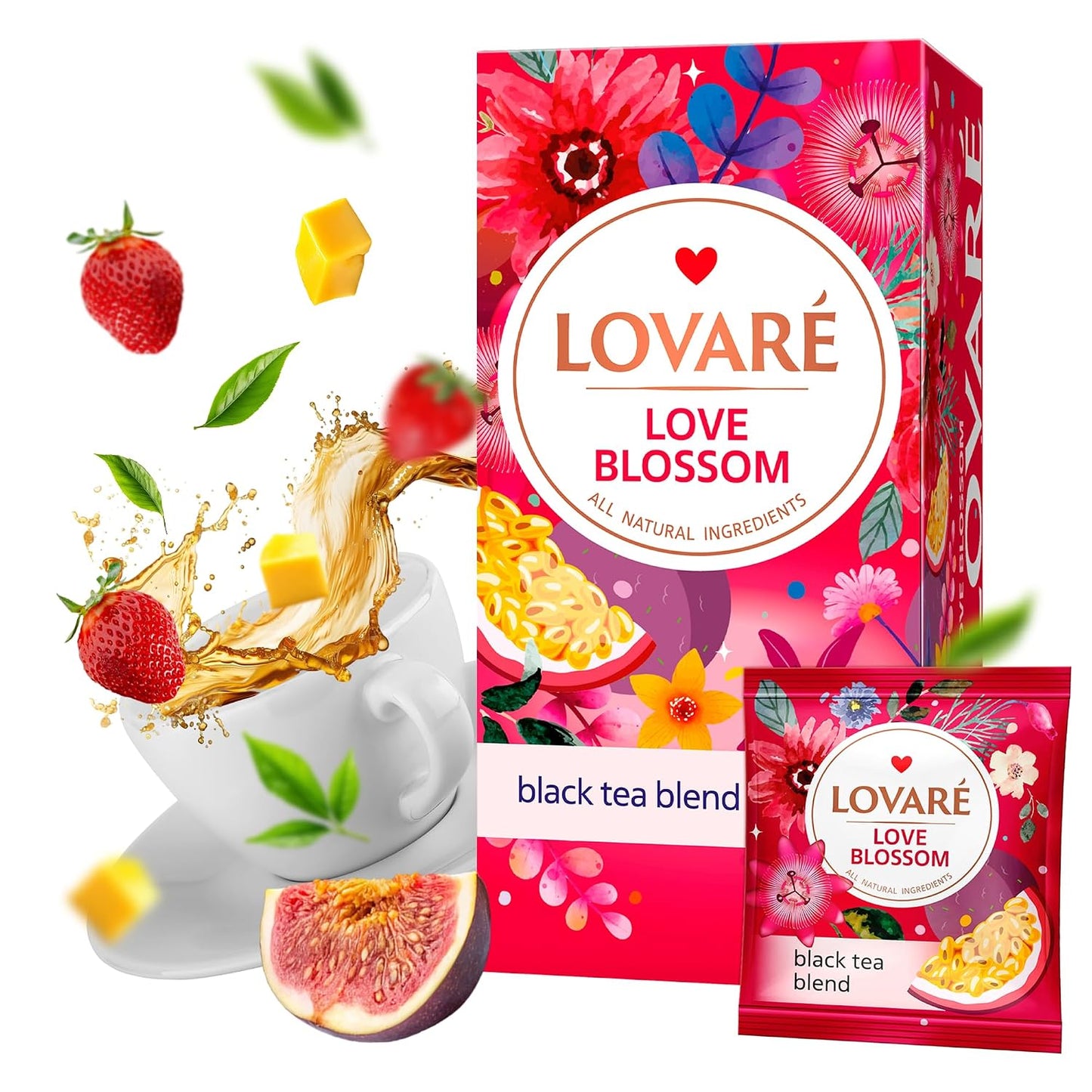 Individually Wrapped Tea Bags By Lovare Made in Ukraine - Black and Green, Floral, Passion Fruit, Huchlebbery Herbal Set with Flowers - Gift Box For Blooming Tea Lovers Men &amp; Women - 48 g (24 tea bags x 2 g each) (Love Blossom)
