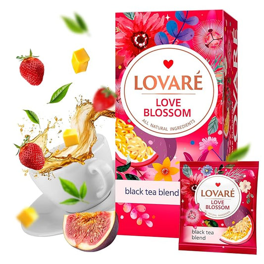 Individually Wrapped Tea Bags By Lovare Made in Ukraine - Black and Green, Floral, Passion Fruit, Huchlebbery Herbal Set with Flowers - Gift Box For Blooming Tea Lovers Men & Women - 48 g (24 tea bags x 2 g each) (Love Blossom)