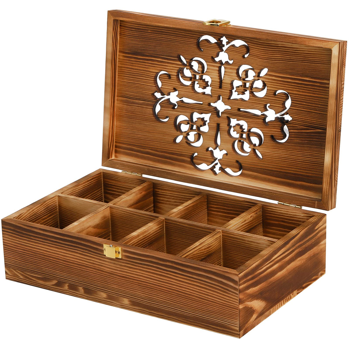Coloch Wooden Tea Bag Storage Box with Carved Lid, 8-Compartment Tea Chest Organizer Spice Packets Container for Living Room