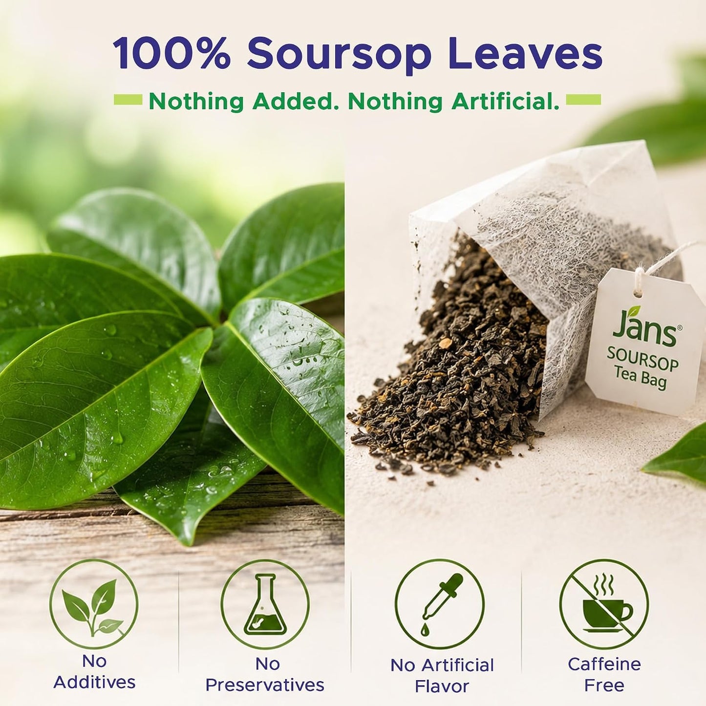 Jans Soursop Tea Bags, 50 Count, 2 Pack of 25, 100% Natural Soursop Leaves