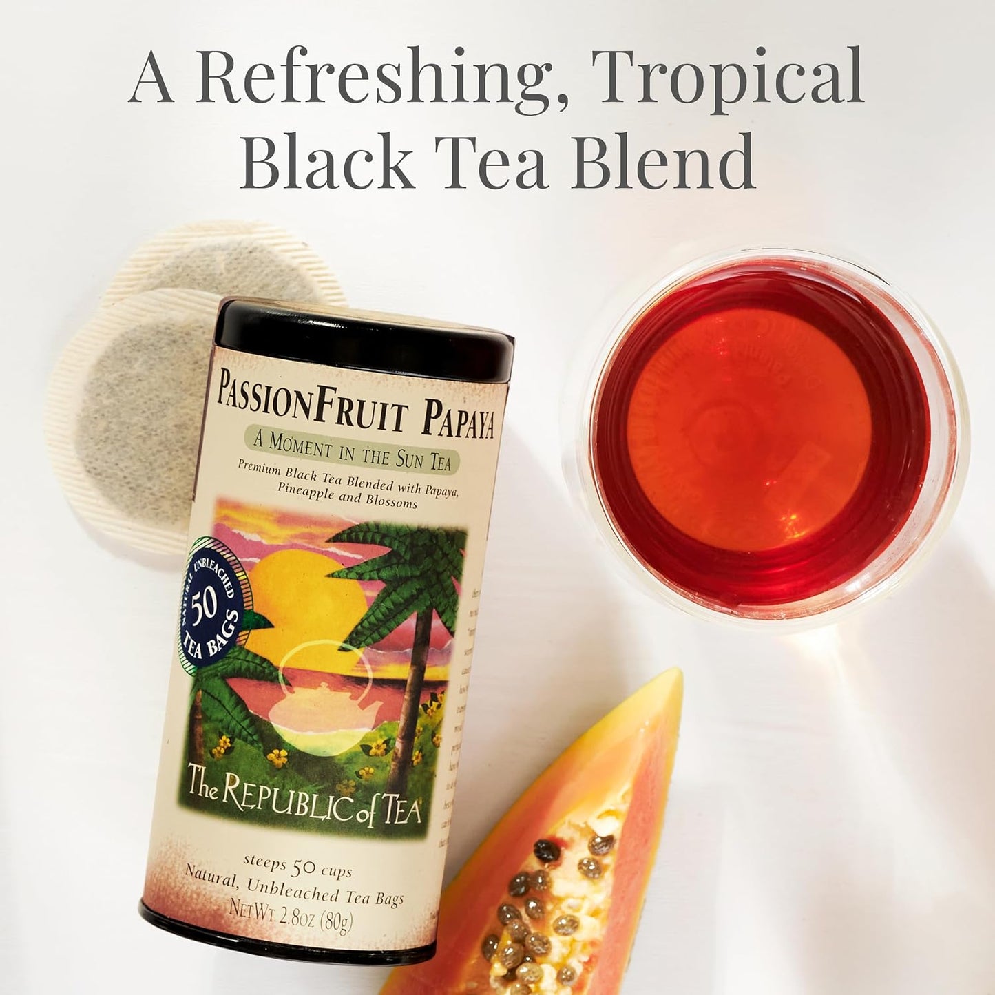 The Republic of Tea Passion Fruit Papaya Black Tea, 50 Count | Naturally Caffeinated. Made for morning or afternoon . Brisk and full-bodied with notes of juicy fruit and sweet-tart apple.