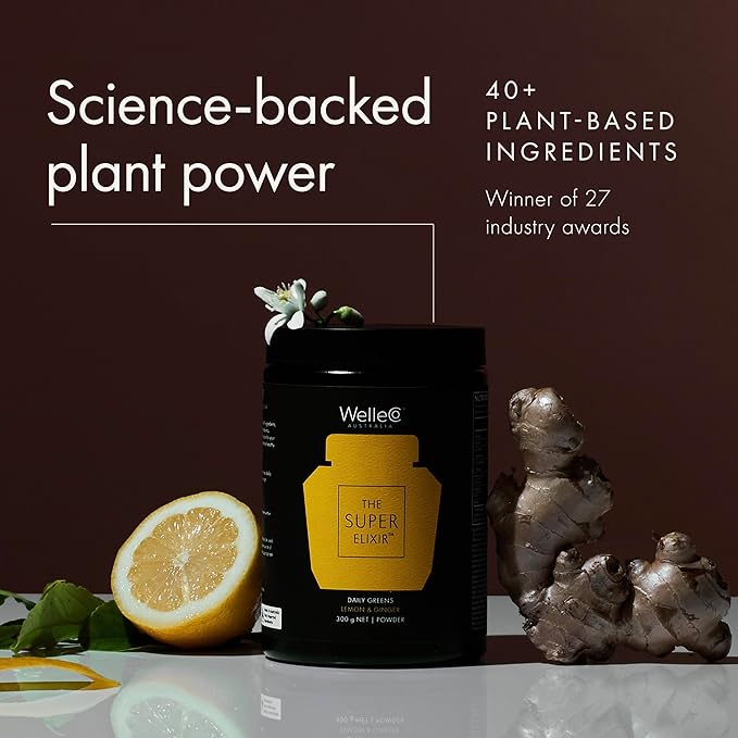 WelleCo The Super Elixir Daily Greens Powder, Probiotic Drink Mix with Whole Foods, Gluten Free, Vegan Gut Health Powder, Energy, Immunity, Healthy Skin, Hair & Nails (300g, Lemon Ginger)
