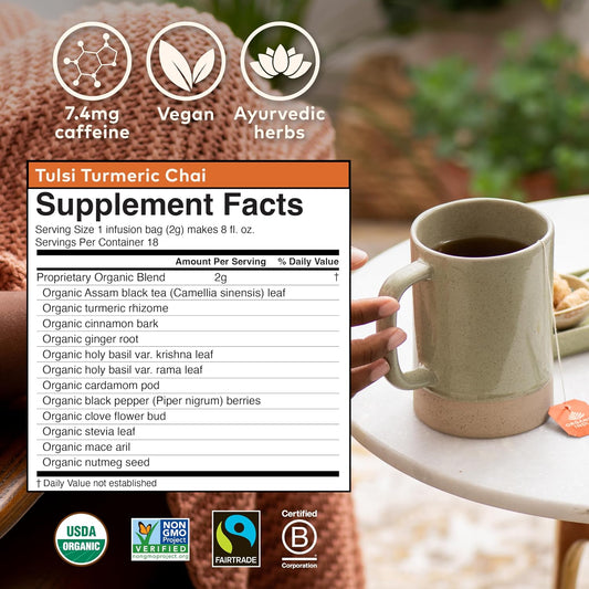Organic India Tulsi Turmeric Chai Tea - Herbal Tea Bags with Caffeine, Ginger Root, Cinnamon, Holy Basil, Stress Relieving and Energizing, Immune Support, Helps Digestion - 18 Count, Pack of 6 | Turmeric Ginger Tea, Holy Basil, Black, Immune Support, Aids